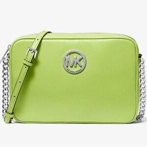 NEW MICHAEL KORS GOLD & LIME GREEN CROSSBODY PURSE CAMERA BAG IN PEBBLED LEATHER